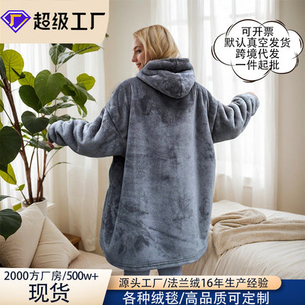 Lazy Blanket Cross-Border Christmas Pajamas Women's Nightgown Flannel Extended Length Vertical Pocket Hoodie Blanket
