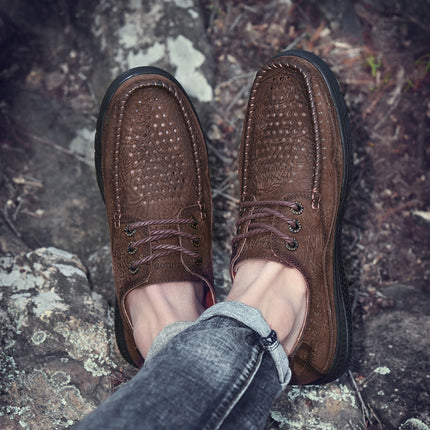 Leather Shoes Men's 2025 New Summer Breathable Hollow-out Leather Shoes Men's Leather Top Layer Cowhide Low-top Lace-up Casual Shoes