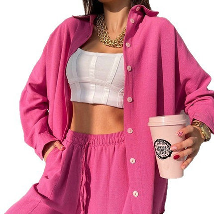 European and American Cross-Border 2025 Spring New Casual Suit Pure Color Lapel Long-Sleeved Shirt Top Harem Pants Two-Piece Set