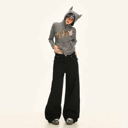 High Street Fashion Rivet Design Wide-Leg Jeans for Women Early Autumn New Versatile Trendy High-Waisted Loose Straight Pants