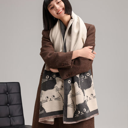 Cute Sweet Double-sided Double-wearing Student Cashmere Scarf Female Cat Cartoon Autumn and Winter Warm Warming Shawl Scarf