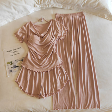 Girls' Pajamas Modal Cotton Short-Sleeved Shorts Summer Lace Women's Three-Piece Casual Home Wear Set with Breast Pads