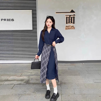 Fashionable Design Fake Two-Piece Shirt Dress Early Spring New Women's French Style Plaid Short Skirt