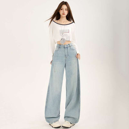 Autumn Popular American Retro Side Seam High-Rise Design Loose Wide-Leg Slimming Versatile Scimitar Jeans for Women Dropshipping