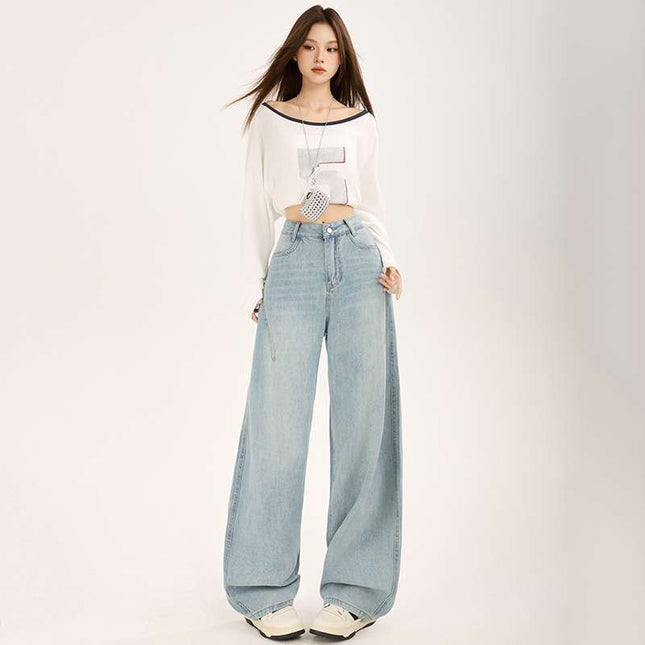 Autumn Popular American Retro Side Seam High-Rise Design Loose Wide-Leg Slimming Versatile Scimitar Jeans for Women Dropshipping