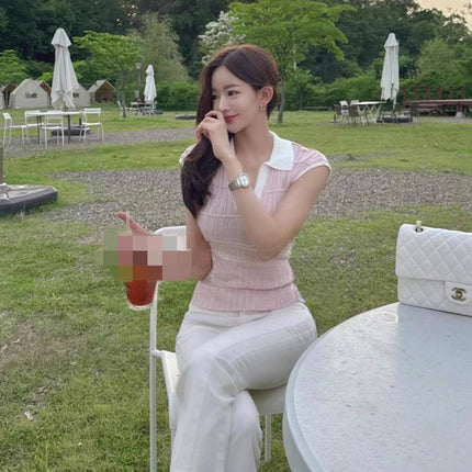 Korean Dongdaemun Spring and Summer New Style Elegant Color-Blocking V-Neck Slim Fit Slightly See-Through Figure-Flattering Knit T-Shirt