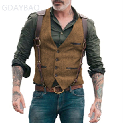High-Quality Foreign Trade European and American Cross-Border Hot-Selling Products 2026 New Model Men's Casual Vest Solid Color Herringbone Wool Vest