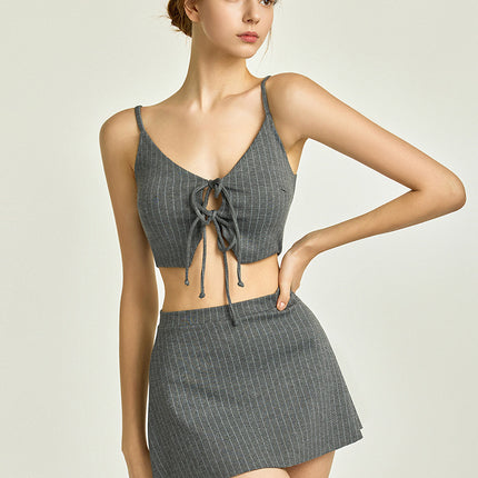Source Factory 2025 Split Swimsuit Women's Three-Piece Sexy Deep V Strap Slimming Look Stripesd Skirt Bikini