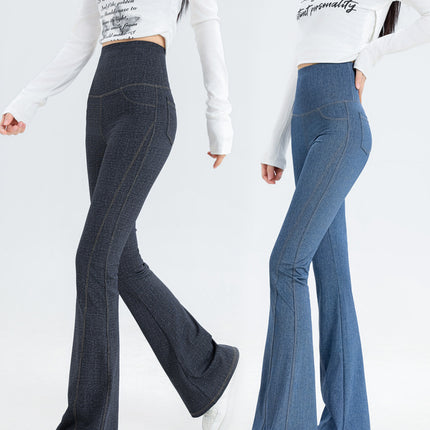 2024 New Imitation Denim Shark Pants Women's Outerwear Leggings Slightly Flared Pants Tummy Control Flared Pants Thin Yoga Pants