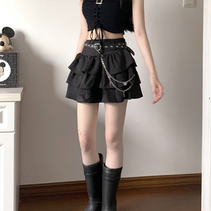 Summer hot girl waist cool tugging sister black sweet all-match puffy cake skirt a high waist short skirt
