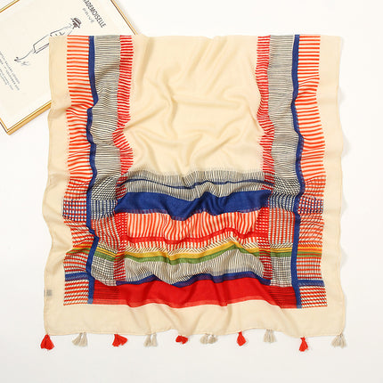 New Retro Striped Sunscreen Shawl Women's Summer Geometric Beach Towel Thin Cotton and Linen Scarf Long Silk Scarf
