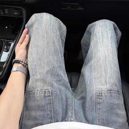 American Retro Lightning Pattern Jeans for Men, Autumn New Washed Pants, Loose Straight-Leg Pocket Design, Flared Pants