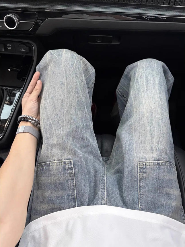 American Retro Lightning Pattern Jeans for Men, Autumn New Washed Pants, Loose Straight-Leg Pocket Design, Flared Pants