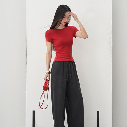 DTWO spring and summer new original design thirteen lines of lace-up elastic drape full mop pants pants 5105289