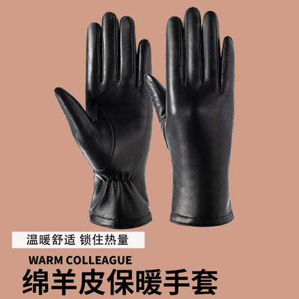 Autumn and Winter Women's Genuine Sheepskin Gloves, Windproof and Warm Leather Gloves, European and American Style Driving and Cycling Gloves with Fleece Lining and Extended Length