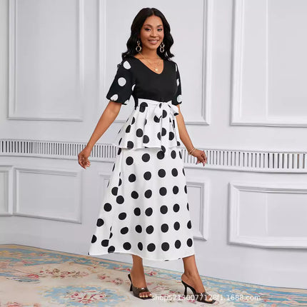 Cross-border Amazon Europe and the United States spring and summer popular fashion simple light cooked wind V collar short sleeve retro wave dress