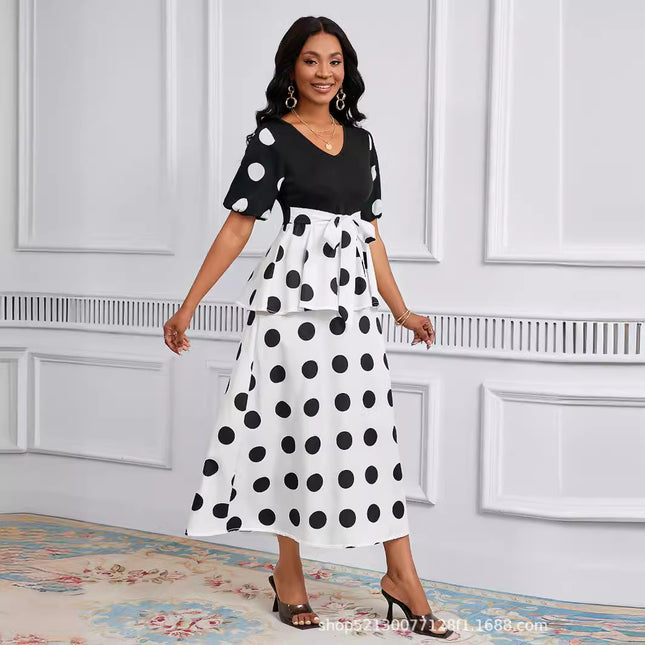 Cross-border Amazon Europe and the United States spring and summer popular fashion simple light cooked wind V collar short sleeve retro wave dress