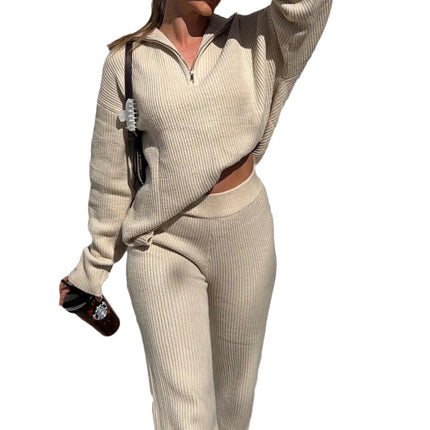 European and American Cross-Border 2026 Autumn and Winter Hot-Selling New Product Two-Piece Casual and Comfortable Lapel Long-Sleeved Sweater Knit Set
