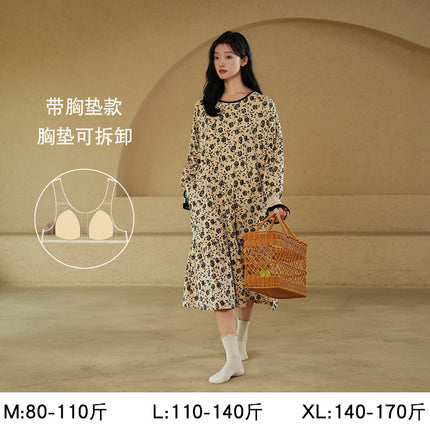 Women's Pure Cotton Long-Sleeved Nightgown, High-End, Black, Large Size, Can Be Worn Outside, Spring and Autumn, Women's Nightgown with Breast Pads