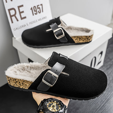 Cross-Border Winter Birkenstock Half Slippers Men's Fleece-Lined Warm Slip-On New Toe-Toe Shoes Men's Office Slippers