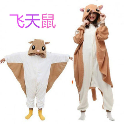 Mixed Autumn and Winter Toilet-Themed Animal Cartoon One-Piece Pajamas, Flying Squirrel Home Performance Warm Clothing, Couple Style