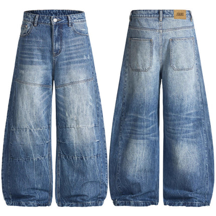 Lktm Men's Clothing American-Style Washed Lightning-Patterned Scimitar Jeans Unisex Trendy Brand Loose Fit Relaxed Long Pants