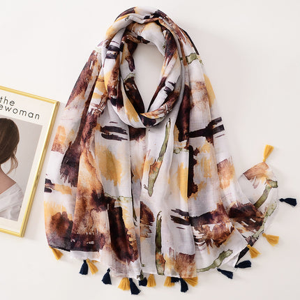 Elegant soft silk yarn cotton and linen feel scarf ink painting long tassel large scarf travel sunscreen beach towel