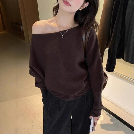 Korean Chic Autum Retro Elegant Round Neck Pullover Pure Color Loose Versatile Lantern Sleeve Knitwear for Women