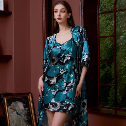 Cross-border printed nightgown suit women summer sexy ice silk middle sleeve plus size bathrobe silk bridal morning gown manufacturers wholesale