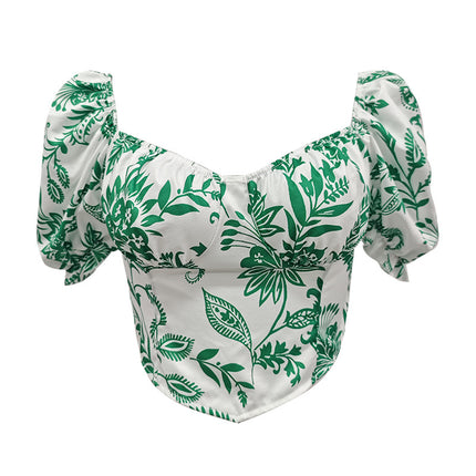 Cross-border Hot New French Vintage Printed Square Collar Bubble Sleeve Sexy Design Short Vest Top