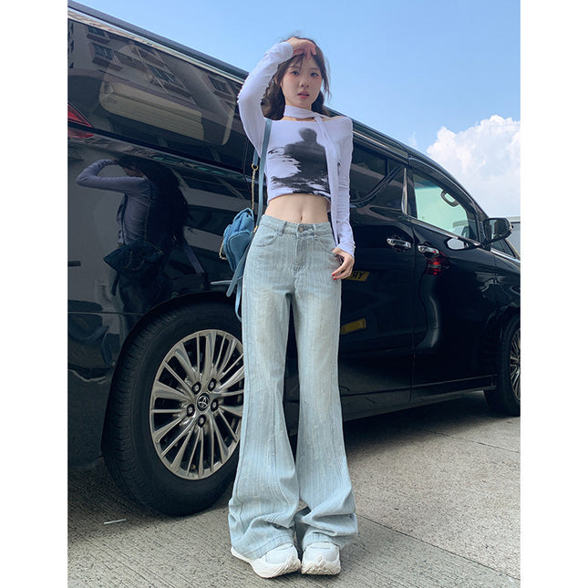 Light Jacquard Pants with Rear Pocket for 2024 Autumn High Waist Retro Flip Design Horn Denim Pants Niche