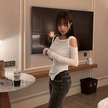 South Korea Dongdaemun Spring and Summer New Temperament Irregular Design Hollow Shoulder Slim Figure Long Sleeve T-shirt