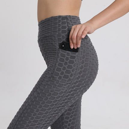 Amazon European and American Leggings Peach Fitness Pants High Waist Hip Leggings Pocket Jacquard Bubble Yoga Pants
