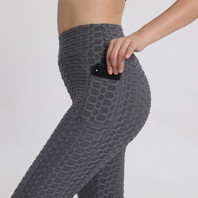 Amazon European and American Leggings Peach Fitness Pants High Waist Hip Leggings Pocket Jacquard Bubble Yoga Pants