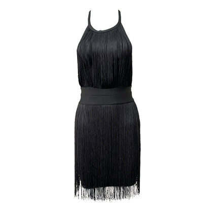 New halter backless sleeveless solid color waist slimming temperament tassel hip mini bandage banquet dress women