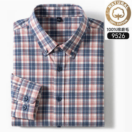 Autumn and Winter New Pure Cotton Brushed Long-Sleeved Shirts for Young and Middle-Aged Plaid Casual Business Men's Shirts Popular on Douyin