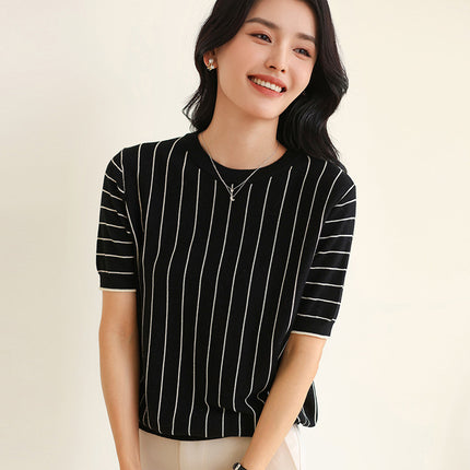 Summer new ladies knitted T-shirt short sleeve cotton round neck vertical stripe thin pullover jacket wholesale