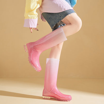 Cross-border new version of rain boots fashion gradient high-level rain boots women's winter fleece-lined warm camping to the sea pastoral