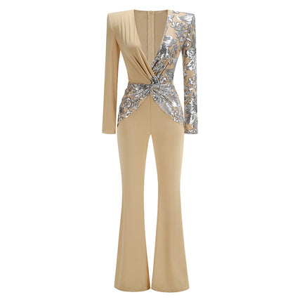 Independent Station Explosions Deep V Stitching Sequins Long Sleeve Slim Fit Bell Pants Pants Sexy Slim Party Evening Dress