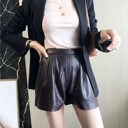 Cool Lambskin Straight-Leg Shorts in Dark Burgundy Sheepskin with Semi-Elastic Waist, Pleated Pockets, Casual Genuine Sheepskin Boot Shorts