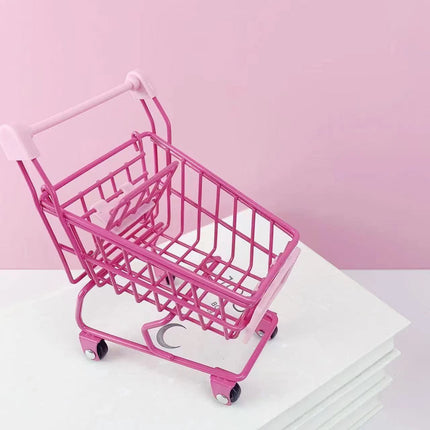 Ins Iron Cute Pink Girl Desktop Storage Basket Mini Trolley Shopping Cart Props Sundries
