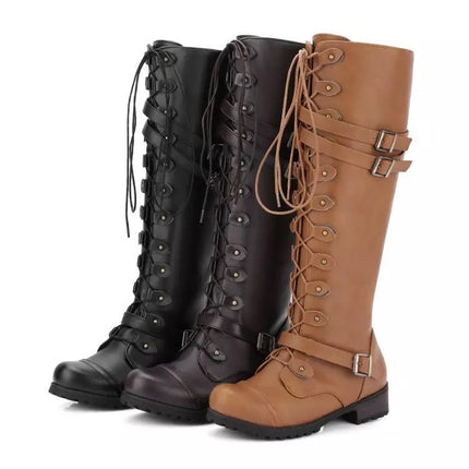 European and American Foreign Trade Leather Boots Round Head Belt Buckle Flat Boots Women's Autumn and Winter New Rivet Lace-up High Knights Boots