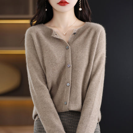 2024 Round-Neck Autumn and Winter Women's Cardigan Sweater Coat 100% Wool Loose Outerwear Versatile Knit Wool
