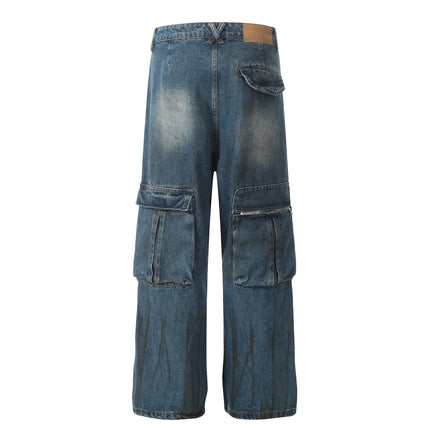 D1616 American Retro High Street Fashion Heavy-Duty Multi-Pocket Color-Spray Design Loose Men's Denim Jeans