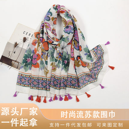 Fresh and Elegant Red Petal Mixed Printed Tassel Gauze Women's Cotton and Linen Scarf Travel Decorative Shawl