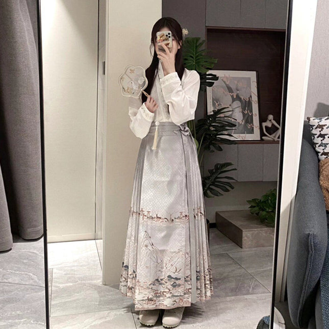 New Chinese Style National Style suit Spring Dress with a Set of Fashionable Western Style Shirt Hanfu Improved Horse-faced Skirt Two-piece Set