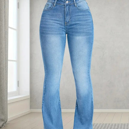 European and American Cross-Border Women's Jeans Stretch Multi-Craft Flap Pocket Pants Design Loose Bell Bottoms Slim Light Blue Trousers