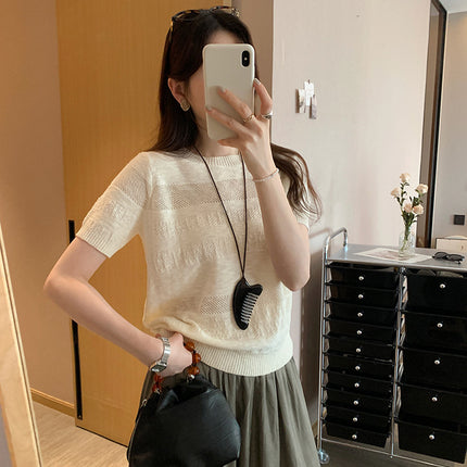 Hollow Chic Splicing Design Round Neck Short-Sleeved T-Shirt for Women 2025 Summer Commuting Versatile Knitwear Top