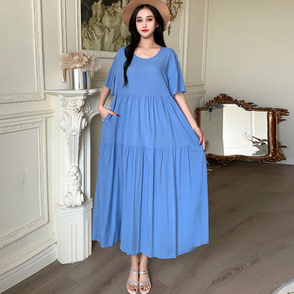 Solid Color Loose-Fitting Plus-Size Maternity Dress, Rayon Beach Dress, Short-Sleeved Long Skirt with a Large Hem