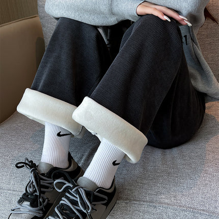 Autumn and Winter fleece-lined cream women's pants 2024 new casual straight mop pants loose all-match chenille wide-leg pants